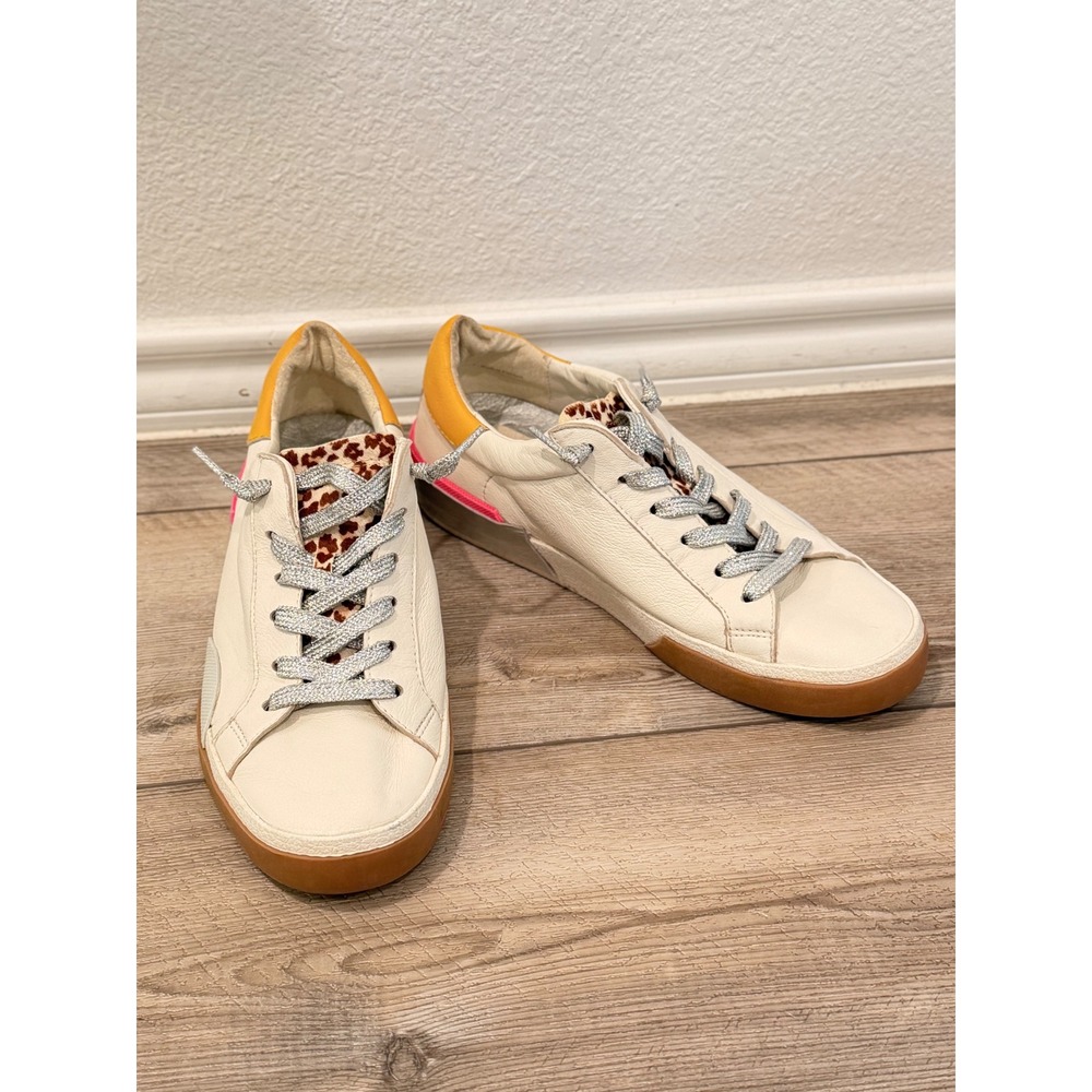 Dolce Vita Zina Sneakers Cream Leather Leopard Print Neon Pink Silver Womens 8